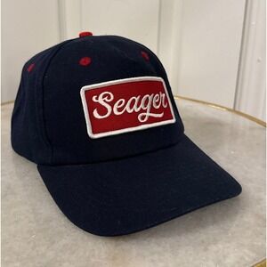 Seager Navy Blue Red Logo Patch Snapback Hat Mens Adjustable Canvas Cap